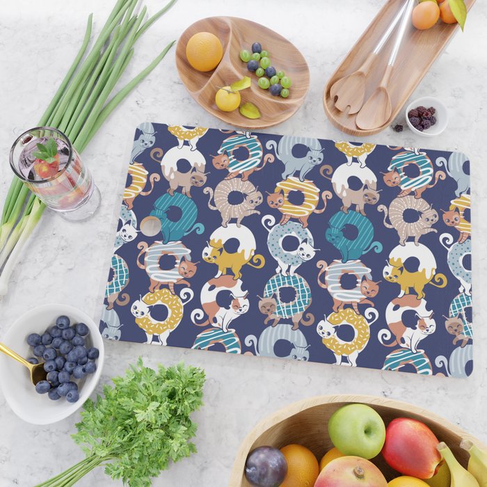 Cats Donut Care // blue background goldenrod yellow mustard, teal pastel blue and brown sweet kitties Cutting Board Gallery Image 2
