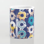 Cats Donut Care // blue background goldenrod yellow mustard, teal pastel blue and brown sweet kitties Coffee Mug Gallery Image 4