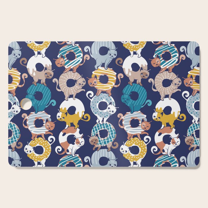 Cats Donut Care // blue background goldenrod yellow mustard, teal pastel blue and brown sweet kitties Cutting Board Gallery Image 1