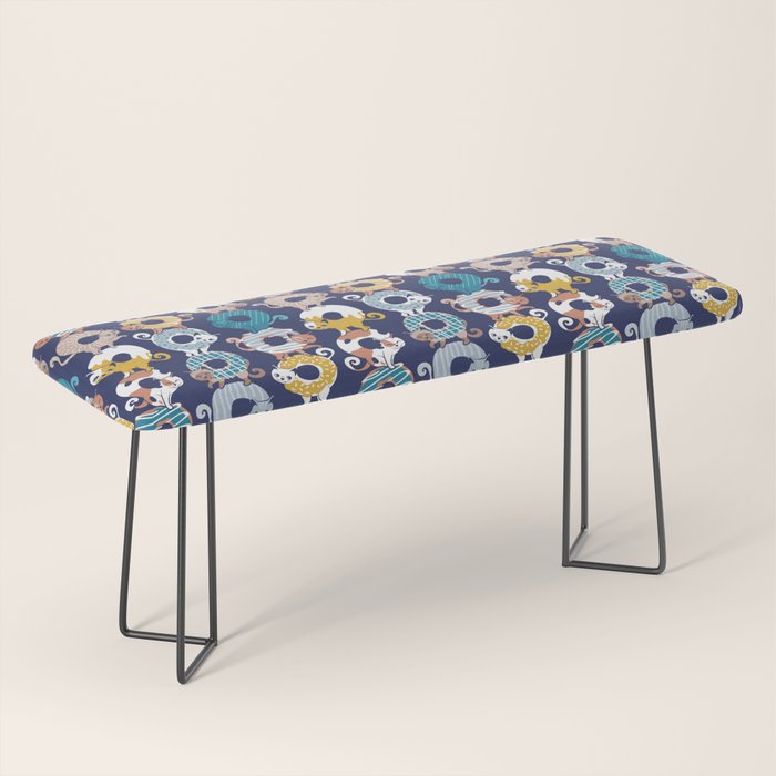 Cats Donut Care // blue background goldenrod yellow mustard, teal pastel blue and brown sweet kitties Bench Gallery Image 1