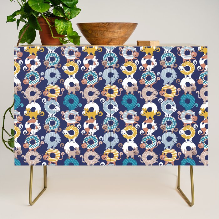 Cats Donut Care // blue background goldenrod yellow mustard, teal pastel blue and brown sweet kitties Credenza Gallery Image 1