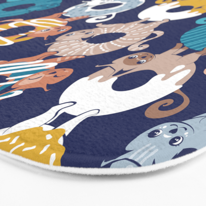 Cats Donut Care // blue background goldenrod yellow mustard, teal pastel blue and brown sweet kitties Bath Mat Gallery Image 3