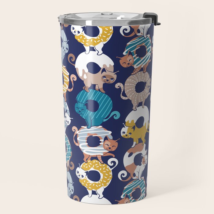 Cats Donut Care // blue background goldenrod yellow mustard, teal pastel blue and brown sweet kitties Travel Mug Gallery Image 2