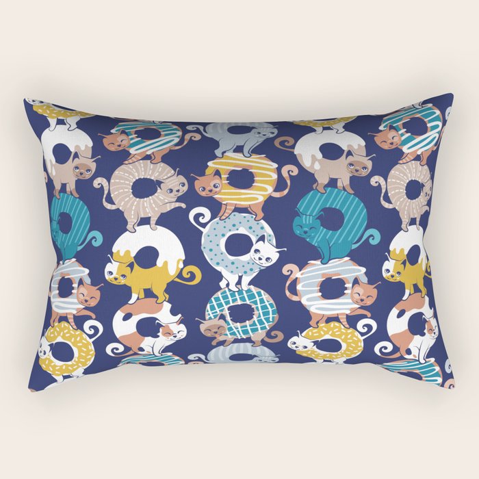 Cats Donut Care // blue background goldenrod yellow mustard, teal pastel blue and brown sweet kitties Rectangular Pillow Gallery Image 1