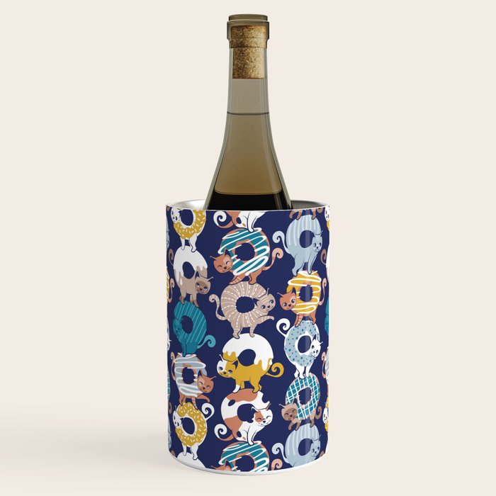 Cats Donut Care // blue background goldenrod yellow mustard, teal pastel blue and brown sweet kitties Wine Chiller Gallery Image 3