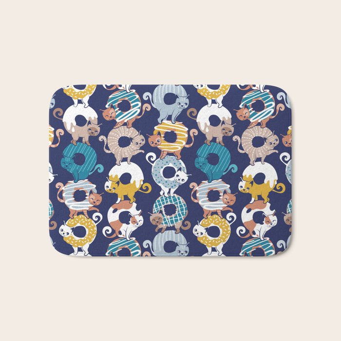 Cats Donut Care // blue background goldenrod yellow mustard, teal pastel blue and brown sweet kitties Bath Mat Gallery Image 1
