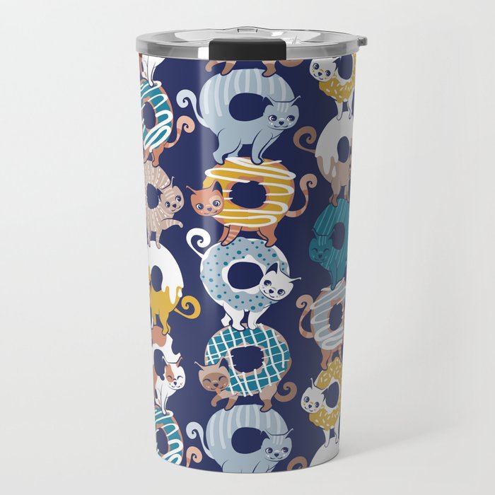 Cats Donut Care // blue background goldenrod yellow mustard, teal pastel blue and brown sweet kitties Travel Mug Gallery Image 1