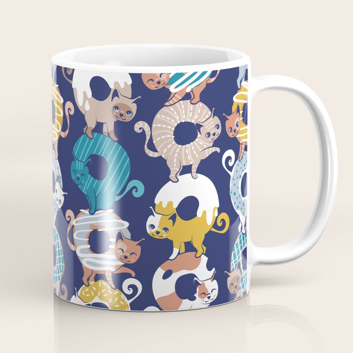 Cats Donut Care // blue background goldenrod yellow mustard, teal pastel blue and brown sweet kitties Coffee Mug Gallery Image 1