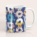 Cats Donut Care // blue background goldenrod yellow mustard, teal pastel blue and brown sweet kitties Coffee Mug Gallery Image 1