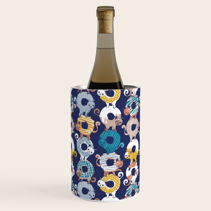 Cats Donut Care // blue background goldenrod yellow mustard, teal pastel blue and brown sweet kitties Wine Chiller Gallery Image 2