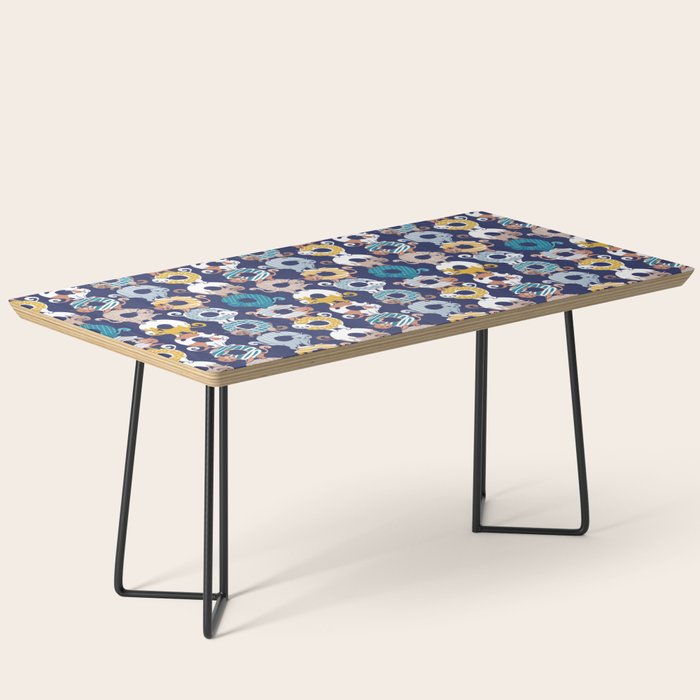 Cats Donut Care // blue background goldenrod yellow mustard, teal pastel blue and brown sweet kitties Coffee Table Gallery Image 1