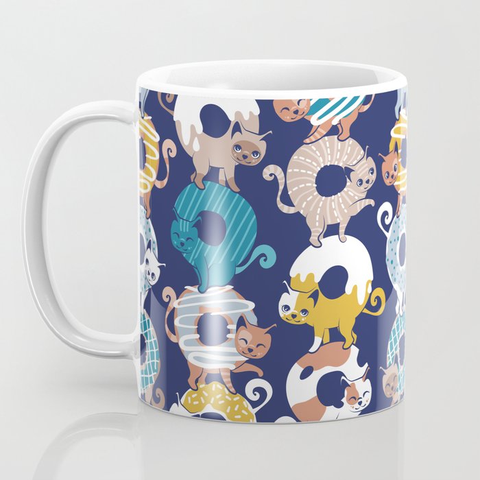 Cats Donut Care // blue background goldenrod yellow mustard, teal pastel blue and brown sweet kitties Coffee Mug Gallery Image 3