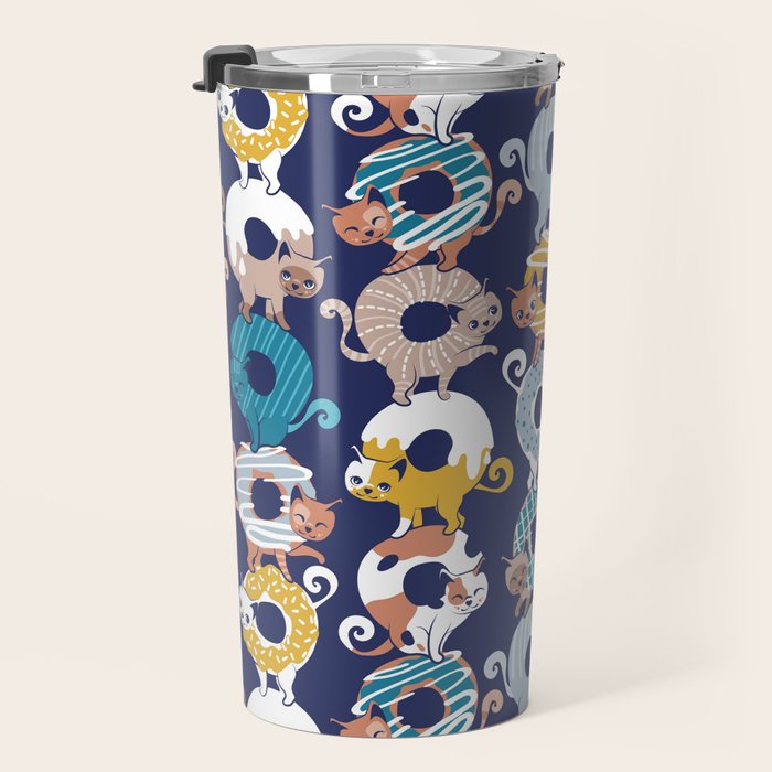 Cats Donut Care // blue background goldenrod yellow mustard, teal pastel blue and brown sweet kitties Travel Mug Gallery Image 3