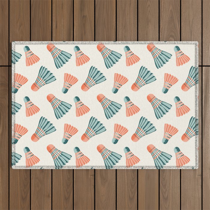 Orange and teal vintage badminton shuttlecocks Outdoor Rug Gallery Image 1