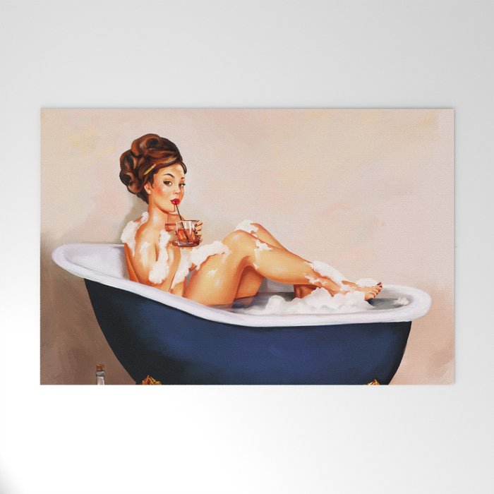 "Bathtub Whiskey" - Cute Vintage Brunette Pinup Girl Soaks & Enjoys A Cocktail. (V.2) Welcome Mat Gallery Image 1