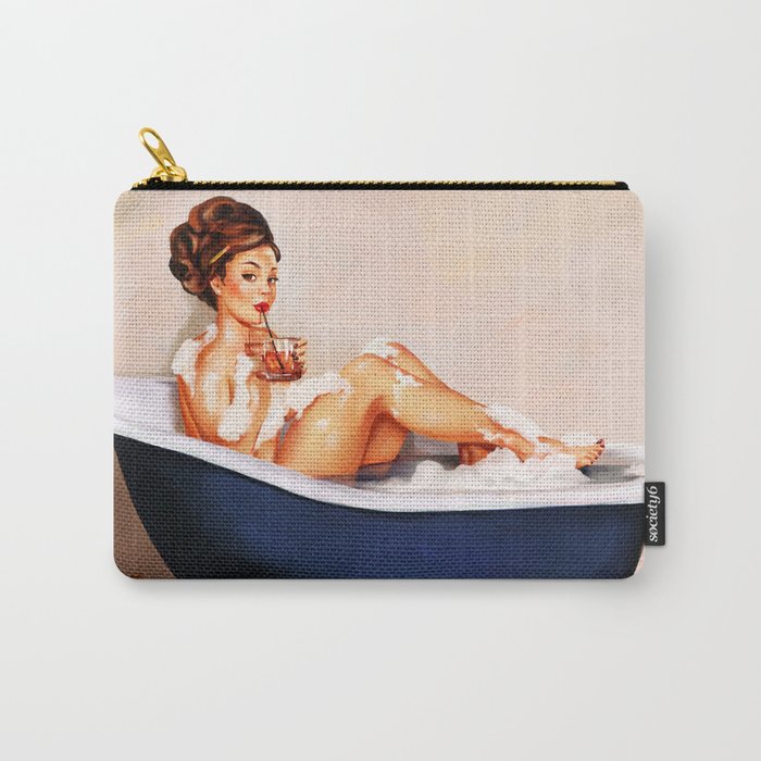 "Bathtub Whiskey" - Cute Vintage Brunette Pinup Girl Soaks & Enjoys A Cocktail. (V.2) Carry All Pouch Gallery Image 1
