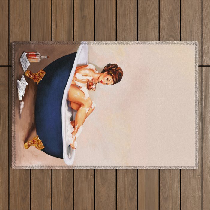 "Bathtub Whiskey" - Cute Vintage Brunette Pinup Girl Soaks & Enjoys A Cocktail. (V.2) Outdoor Rug Gallery Image 1