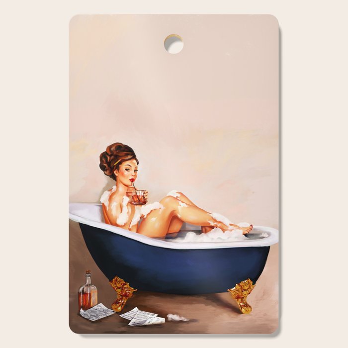 "Bathtub Whiskey" - Cute Vintage Brunette Pinup Girl Soaks & Enjoys A Cocktail. (V.2) Cutting Board Gallery Image 1