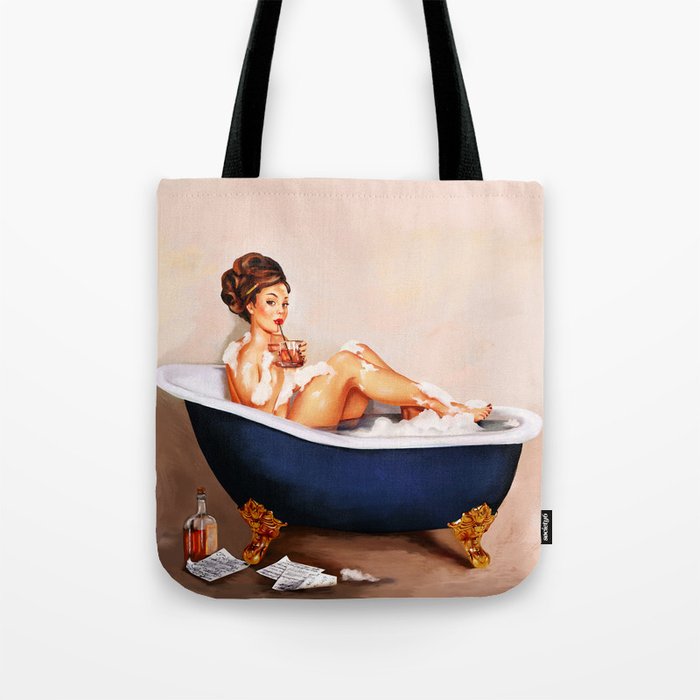 "Bathtub Whiskey" - Cute Vintage Brunette Pinup Girl Soaks & Enjoys A Cocktail. (V.2) Tote Bag Gallery Image 1