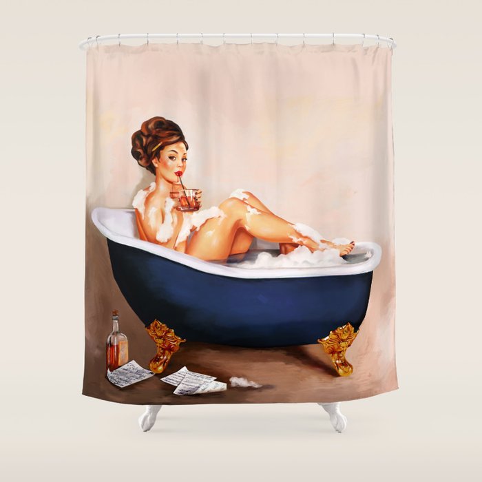 "Bathtub Whiskey" - Cute Vintage Brunette Pinup Girl Soaks & Enjoys A Cocktail. (V.2) Shower Curtain Gallery Image 1