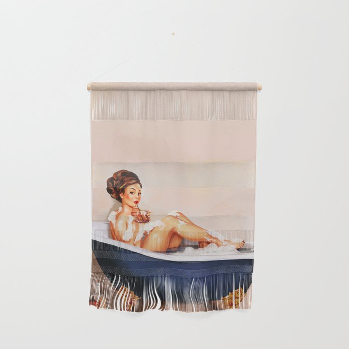 "Bathtub Whiskey" - Cute Vintage Brunette Pinup Girl Soaks & Enjoys A Cocktail. (V.2) Wall Hanging Gallery Image 1