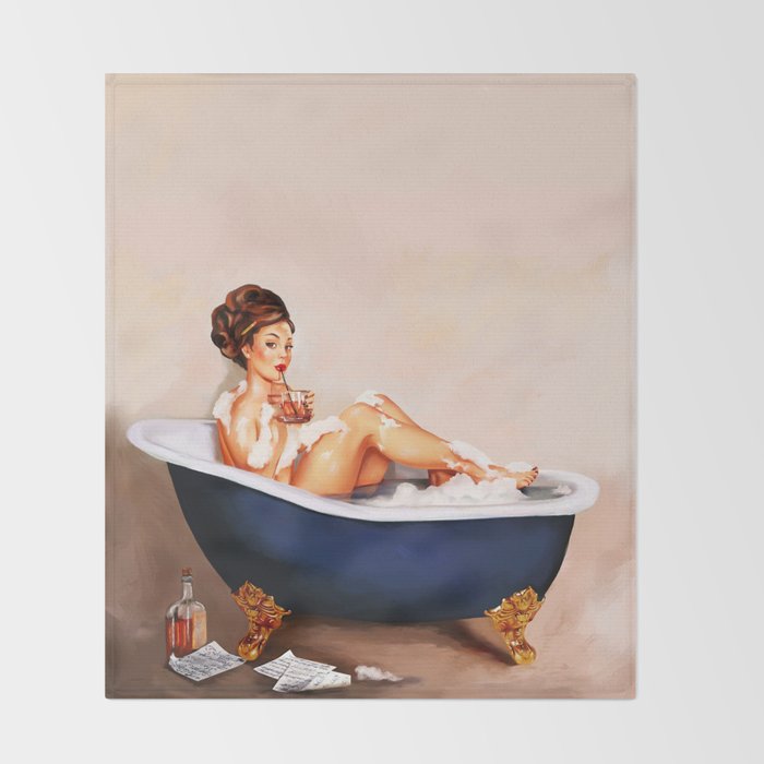 "Bathtub Whiskey" - Cute Vintage Brunette Pinup Girl Soaks & Enjoys A Cocktail. (V.2) Throw Blanket Gallery Image 2