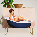 "Bathtub Whiskey" - Cute Vintage Brunette Pinup Girl Soaks & Enjoys A Cocktail. (V.2) Credenza Gallery Image 1