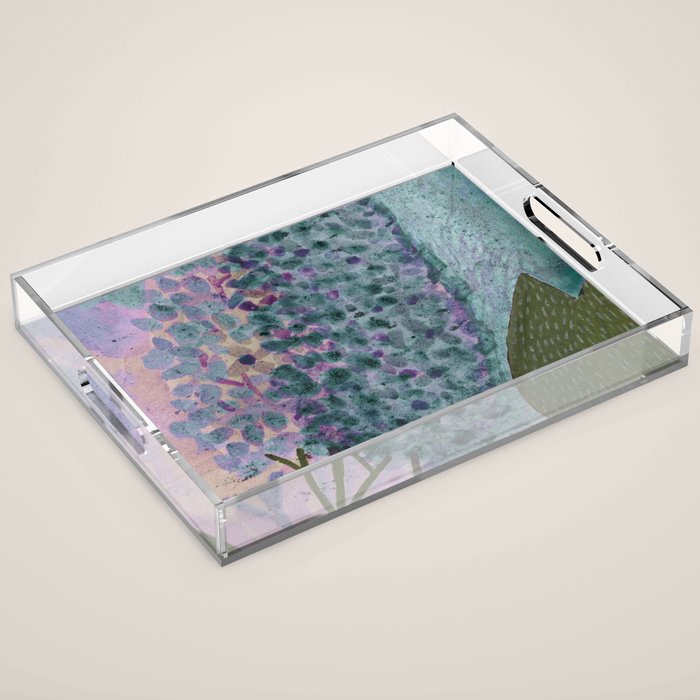 Garden Lilac Flower Painting in Teal & Pink Acrylic Tray Gallery Image 1