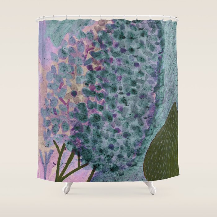 Garden Lilac Flower Painting in Teal & Pink Shower Curtain Gallery Image 1