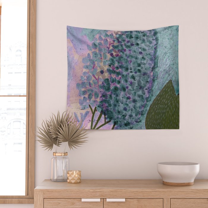 Garden Lilac Flower Painting in Teal & Pink Wall Tapestry Gallery Image 2