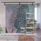 Garden Lilac Flower Painting in Teal & Pink Wall Mural Gallery Image 1