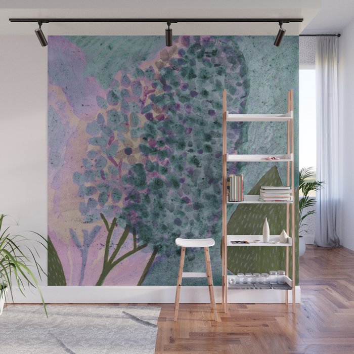 Garden Lilac Flower Painting in Teal & Pink Wall Mural Gallery Image 1