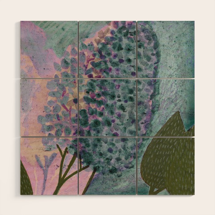 Garden Lilac Flower Painting in Teal & Pink Wood Wall Art Gallery Image 1