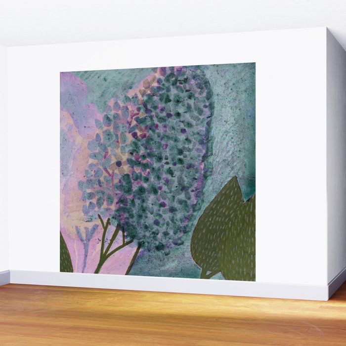 Garden Lilac Flower Painting in Teal & Pink Wall Mural Gallery Image 2