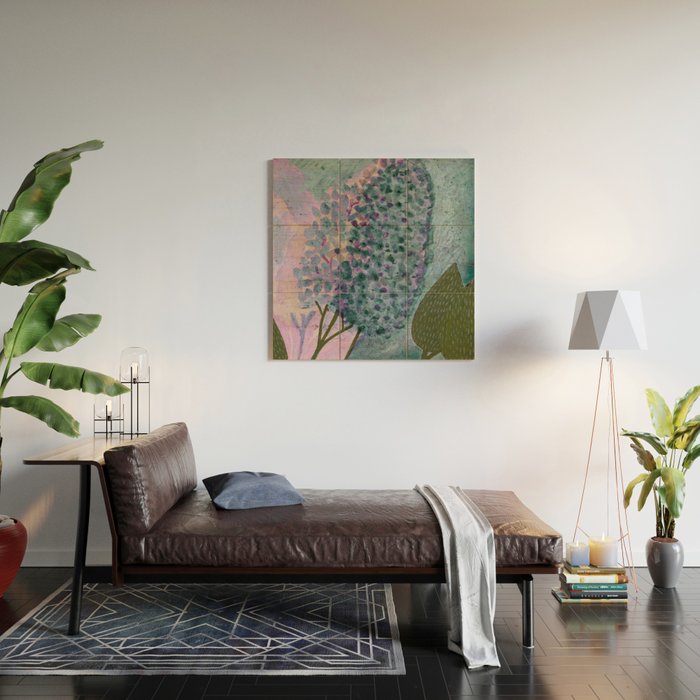 Garden Lilac Flower Painting in Teal & Pink Wood Wall Art Gallery Image 2