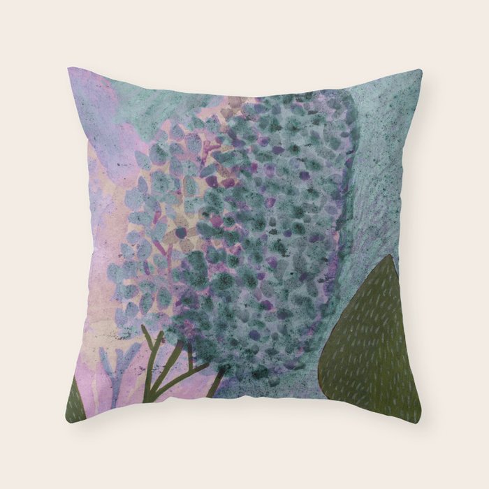 Garden Lilac Flower Painting in Teal & Pink Throw Pillow Gallery Image 1