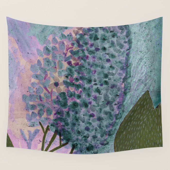 Garden Lilac Flower Painting in Teal & Pink Wall Tapestry Gallery Image 1