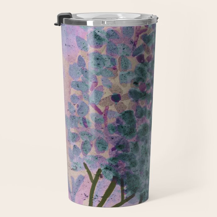 Garden Lilac Flower Painting in Teal & Pink Travel Mug Gallery Image 3