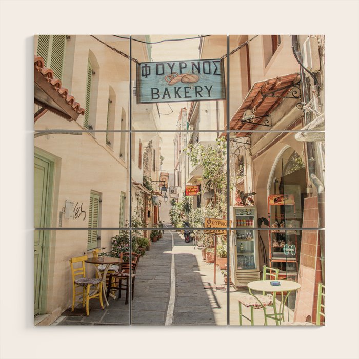 Street In Greece Photo | Pastel Village Houses Summer Art Print | Europe Digital Travel Photography Wood Wall Art Gallery Image 1