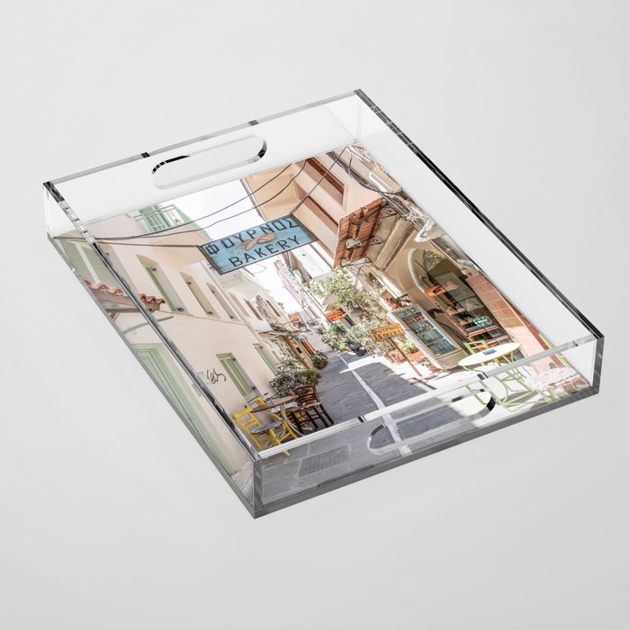 Street In Greece Photo | Pastel Village Houses Summer Art Print | Europe Digital Travel Photography Acrylic Tray Gallery Image 1
