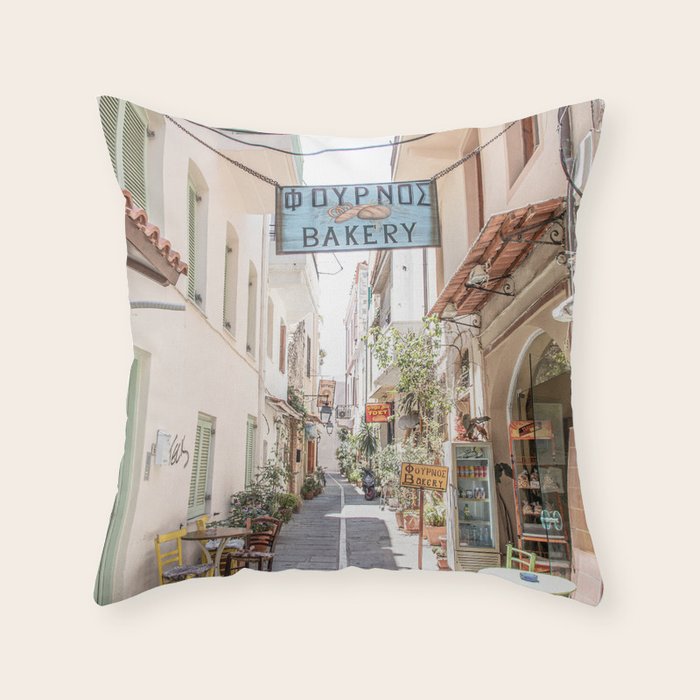 Street In Greece Photo | Pastel Village Houses Summer Art Print | Europe Digital Travel Photography Throw Pillow Gallery Image 6