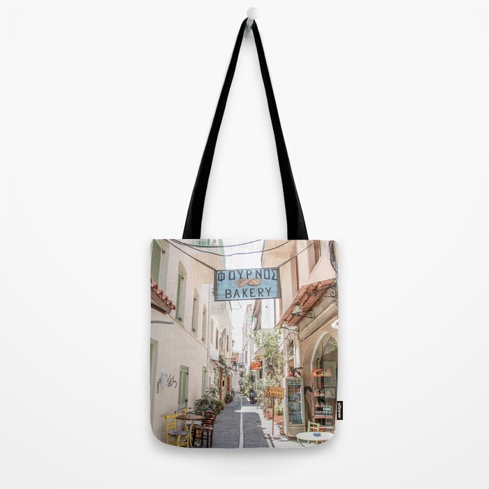 Street In Greece Photo | Pastel Village Houses Summer Art Print | Europe Digital Travel Photography Tote Bag Gallery Image 2