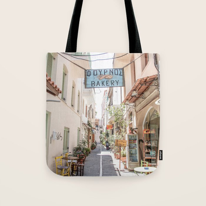 Street In Greece Photo | Pastel Village Houses Summer Art Print | Europe Digital Travel Photography Tote Bag Gallery Image 1