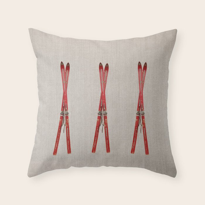 Red Vintage Skis Throw Pillow Gallery Image 1