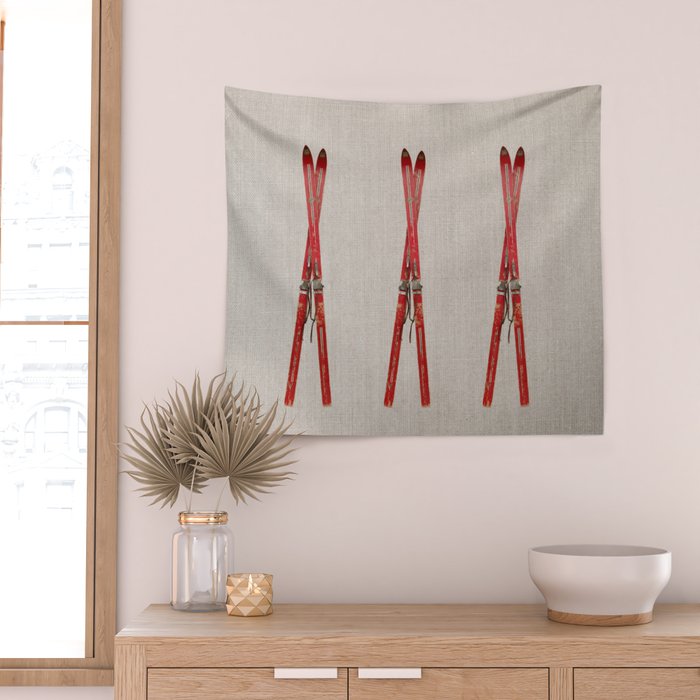 Red Vintage Skis Wall Tapestry Gallery Image 2