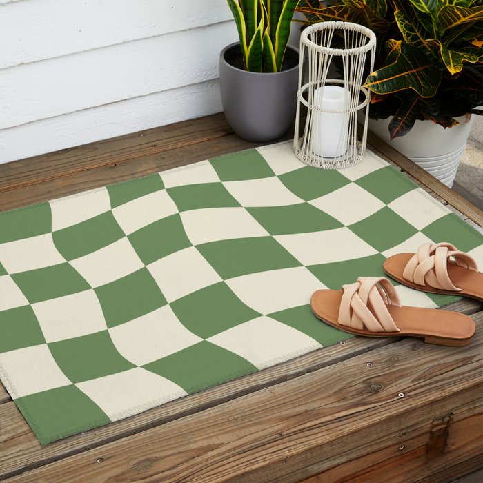 Wavy Checkerboard (Green Beige) Outdoor Rug Gallery Image 2