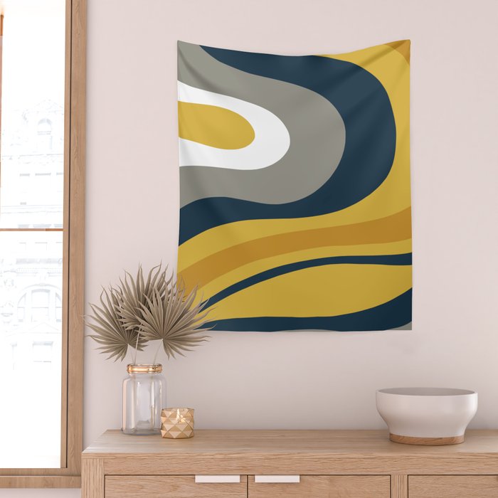 Organic Topography Abstract in Mustard, Navy Blue, Gray, and White  Wall Tapestry Gallery Image 2