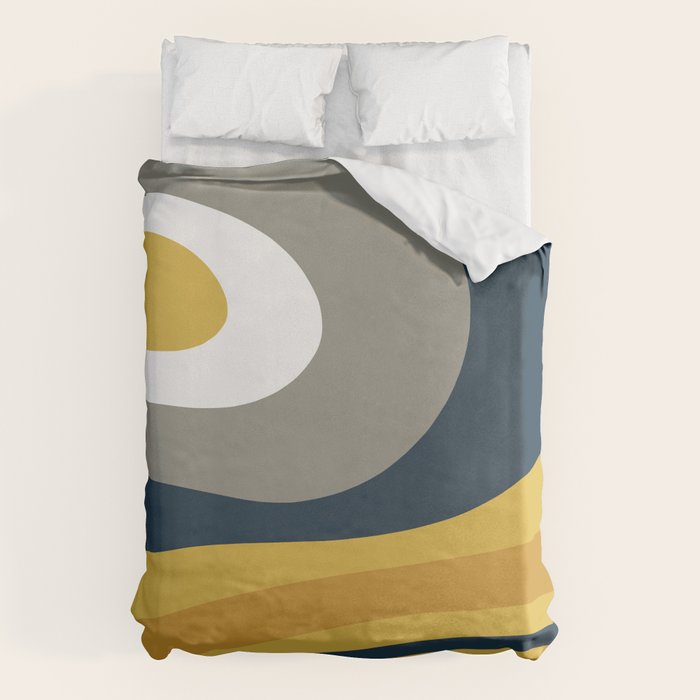 Organic Topography Abstract in Mustard, Navy Blue, Gray, and White  Duvet Cover Gallery Image 1