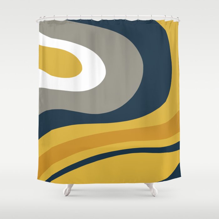 Organic Topography Abstract in Mustard, Navy Blue, Gray, and White  Shower Curtain Gallery Image 1