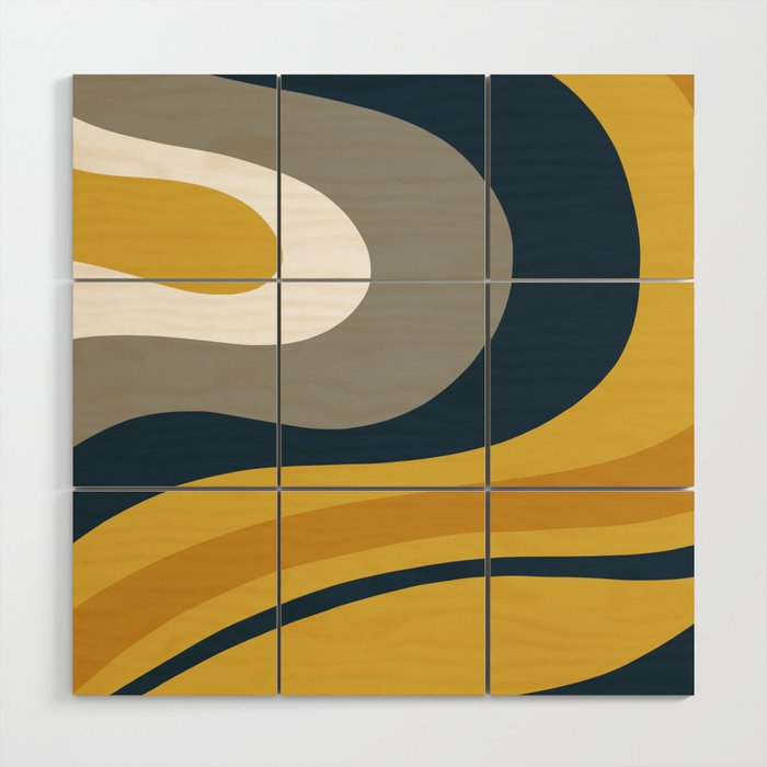 Organic Topography Abstract in Mustard, Navy Blue, Gray, and White  Wood Wall Art Gallery Image 1